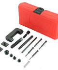 13 Piece Chain Breaker Kit For Motorcycles with rivet cutter, link cutter, removal tool, and red carrying case