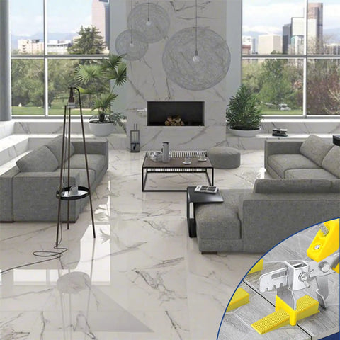 Modern living room with marble tiles; inset shows tile leveling system kit with 1000 spacers, 200 reusable wedges, plier, and mallet