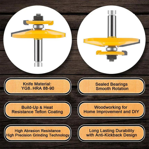 Pro Grade 3 Piece Router Bit Set With Half Inch Shank showcasing knife material and woodworking features