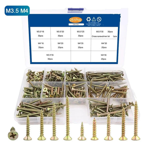 Zinc Plated Flat Head Self Tapping Wood Screws Assortment Kit 151 To 251 Pieces Perfect For DIY Quick Fixes Decks Furniture Cabinets And Woodworking Projects Dual End Thread Linking For Hidden Tight Joints And Easy Self Penetrating Spiral Design, M3.5 M4 organizer