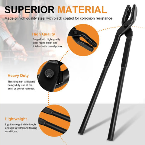 15 Inch Wolf Jaw Blacksmith Tongs For Beginners And Pros, heavy duty black steel forge vise tongs with close-up details