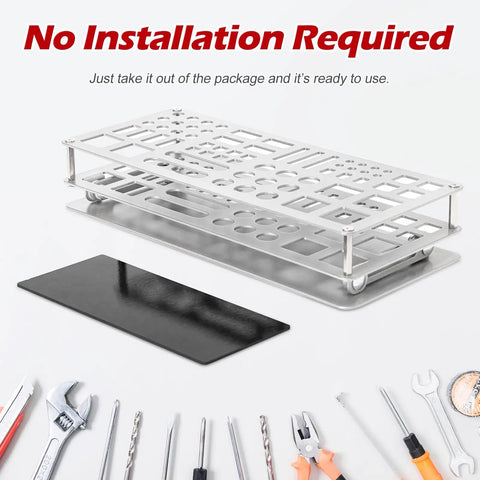 Premium Screwdriver Organizer Holder For Desktop Tools, silver finish, on display next to various tools, no installation required