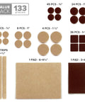 Premium Felt Furniture Pads Set 133 pieces for wood floors and laminate, showing various sizes in brown and beige to protect surfaces.