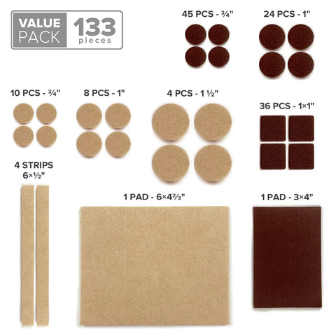 Premium Felt Furniture Pads Set 133 pieces for wood floors and laminate, showing various sizes in brown and beige to protect surfaces.