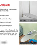 Pro-Grade Ironing Board Cover And Pad 49 By 18 Inches with board types not supported highlighted, including wall and hinge-mounted types.