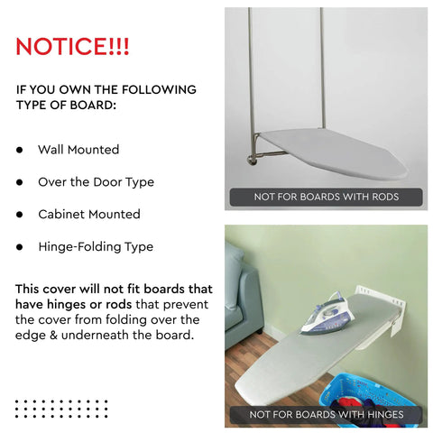 Pro-Grade Ironing Board Cover And Pad 49 By 18 Inches with board types not supported highlighted, including wall and hinge-mounted types.