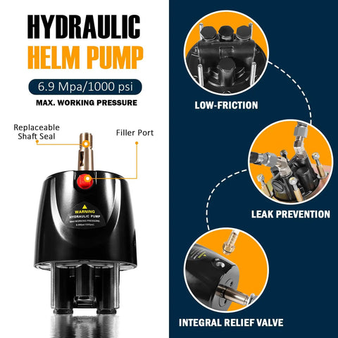 Image of a low-friction hydraulic helm pump with replaceable shaft seal, filler port, integral relief valve for steering kit.