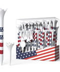 Premium Pro Grade Plastic Golf Tees 100 pack with USA flag design, 1.5in and 3.25in lengths, durable and low-friction