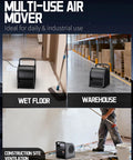 Industrial Floor Fan Air Mover 580W Power used on wet floor in warehouse and construction site for drying and ventilation.
