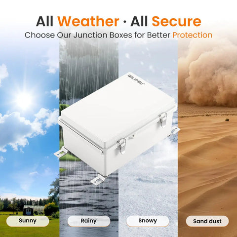 Rugged Outdoor IP67 Junction Box Waterproof Electrical Enclosure with hinged gray cover in all weather conditions.
