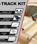 Aluminum T Track And Slider Kit For Flexible Woodworking Jigs, 4 Pack Miter Track System shown with accessories and assembly