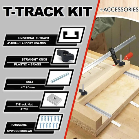 Aluminum T Track And Slider Kit For Flexible Woodworking Jigs, 4 Pack Miter Track System shown with accessories and assembly