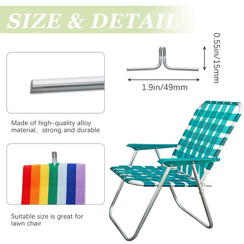 100 Piece Lawn Chair Webbing Clips Set For Fast DIY Chair Frame Repair with size details and material description