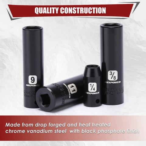 Impact Socket Set 1/4 Inch Drive, 50-Piece CR-V Steel, 6 Point SAE and Metric, black phosphate finish, various sizes shown