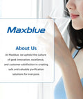 Woman drinking water next to Maxblue about us statement, highlighting innovation and purification solutions commitment.