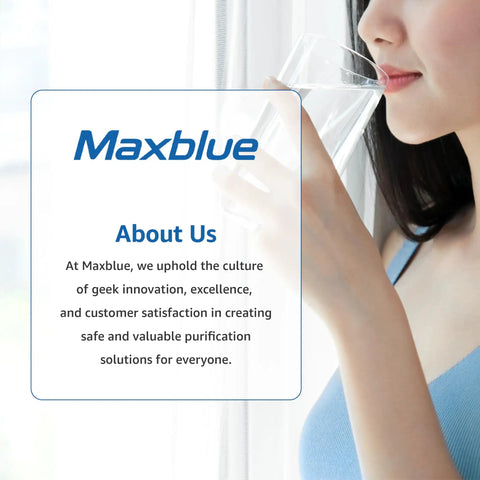 Woman drinking water next to Maxblue about us statement, highlighting innovation and purification solutions commitment.