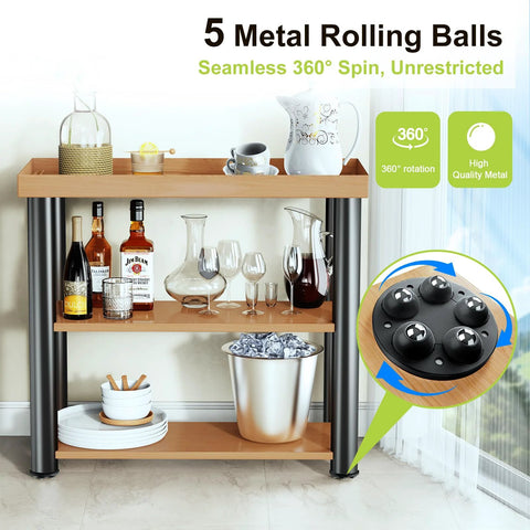Bar cart with drinks on self-adhesive 360 degree swivel caster wheels for appliances and small furniture, close-up of 5-ball bearings.