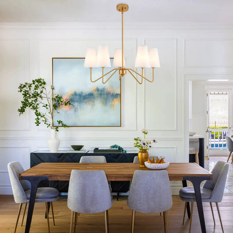 Modern Antique Brass Pendant Chandelier With Creamy White Fabric Shade Dimmable Five Light Fixture For Dining Room Living Room Kitchen Island Or Bedroom UL Listed Cool Yet Classy Lighting in a dining room
