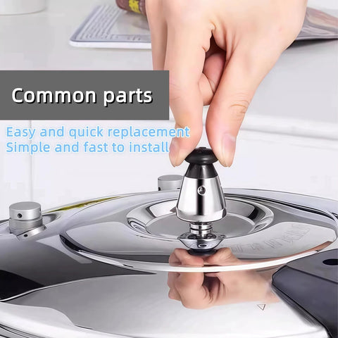 Front view of a stainless steel pressure cooker relief valve kit with exhaust rod being installed on a shiny lid; two-pack.