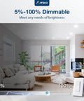 Living room with dimmable lights showing brightness adjustment from 5% to 100% with Flat Trim Recessed Can Light Covers For 5 And 6 Inch Housing Dimmable LED Ceiling Fixtures Quick No Sweat Install With Switchable Warm To Daylight Colors And Secure Spring Fit Smooth Finish 12 Pack.