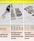 Watch Link Removal Kit With Hammer And Spring Bar Tool components, including pins, hairpins, and watch links on display