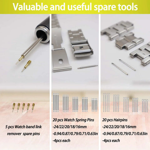Watch Link Removal Kit With Hammer And Spring Bar Tool components, including pins, hairpins, and watch links on display