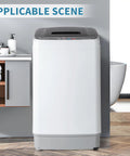 Fully Automatic Portable Washing Machine With Built In Drain Pump And Hands Free Spin Cycle in a compact laundry area.
