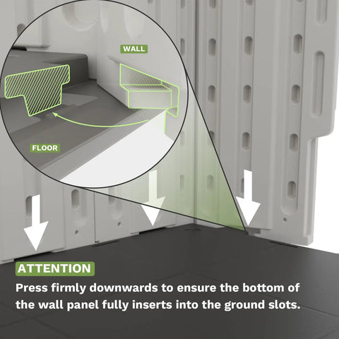 Diagram showing assembly instructions for the 8x6 Ft Plastic Outdoor Storage Shed With Floor Lockable Door And Window Beige Resin