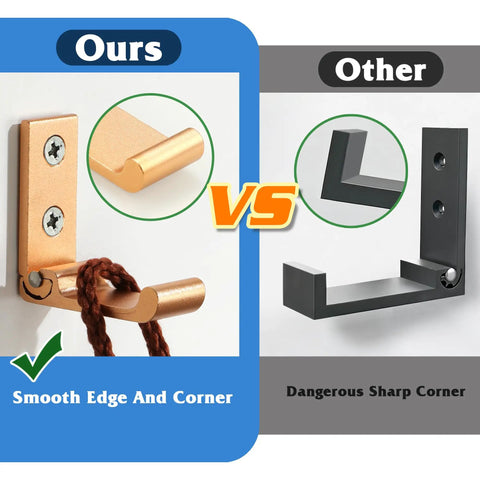 Comparison of Foldable Wall Mount Towel And Coat Hooks Built With Heavy Duty Aluminum Alloy Featuring A Slick Gold Finish, smooth edge vs sharp corner.