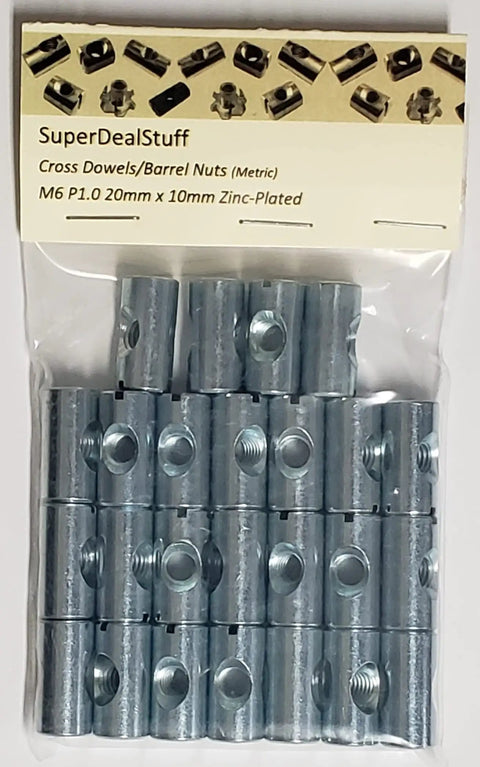 25 Pack Cross Dowels and Barrel Nuts M6 Thread Pitch 1.0, 20mm Length, 10mm Diameter, Center Hole, Zinc Plated Steel