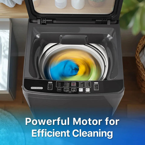 Built Tough 27 Lbs Full Automatic Washer And Spinner Combo With 10 Programs And 8 Water Levels, No Sweat Portable Laundry Machine For Tiny Apartment Dorm Or Rv Setup In Grey with spinning clothes.