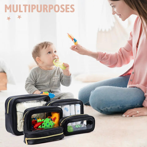 5 Piece Diaper Bag Organizer Pouch Set And TSA Approved Toiletry Bag Travel Organizer Clear Waterproof TPU Makeup Bags for Women and Kids with baby playing and mother smiling