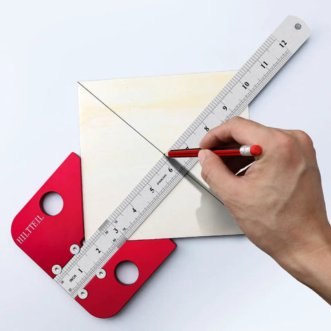 Solid As A Rock Aluminum Circle Center Finder With Forty Five Nine Zero Right Angle Square And Detachable Marking Ruler For Dead On Layouts And No Sweat Build Day Prep marking precise angles on wood.