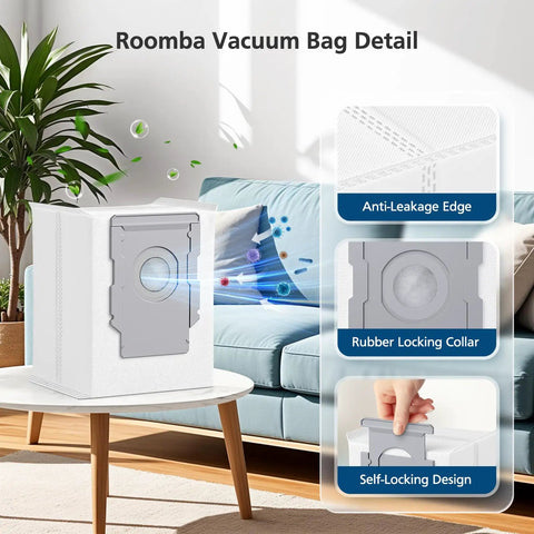 Roomba vacuum bag detail showing anti-leakage edge, rubber locking collar, and self-locking design in a living room setting.
