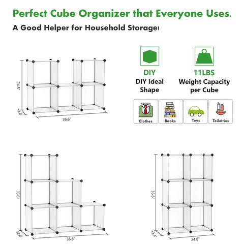 Diagram of Six Cube Storage Organizer Shelving Unit Set Dope DIY Plastic Modular Book Shelf Translucent White with dimensions.