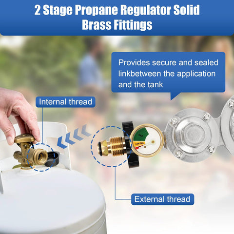 Feikeer vertical two-stage propane regulator with gauge and POL, brass fittings for 20–100 lb tanks