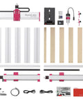 NBX-5040 CNC Router components with 710W Beefy Trim Spindle, ER-11 collet, dual 20mm steel HSS rails arranged on display