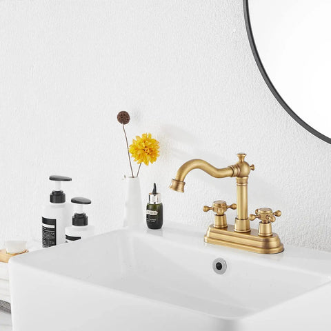 Antique Brass Two-Handle Four Inch Centerset Bathroom Faucet With 360 Degree Swivel High Arc Spout Includes Drain Assembly And Supply Hoses