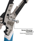 Close-up of Heavy-Duty Wire Stripper With Slim-Forged Design, showcasing screw-shearing capability with markings for 6-32 and 8-32 screws.