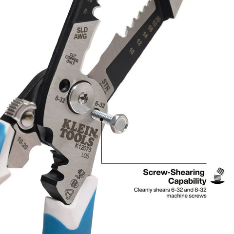 Close-up of Heavy-Duty Wire Stripper With Slim-Forged Design, showcasing screw-shearing capability with markings for 6-32 and 8-32 screws.