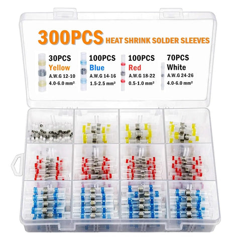 Assorted Insulated Heat Shrink Butt Wire Connectors With Solder Sleeve Splice Terminals Kit For Electrical Repairs In AWG 10 To 26 Range To Fix Wiring Fast And Keep Your Connections Solid Without The Hassle Of Messy Tools. 300-piece kit in plastic case, yellow blue red white sizes
