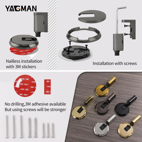 Installation components for No Fuss Adjustable Bottom Door Stopper With Slick Brushed Gold Finish showing 3M stickers and screws.