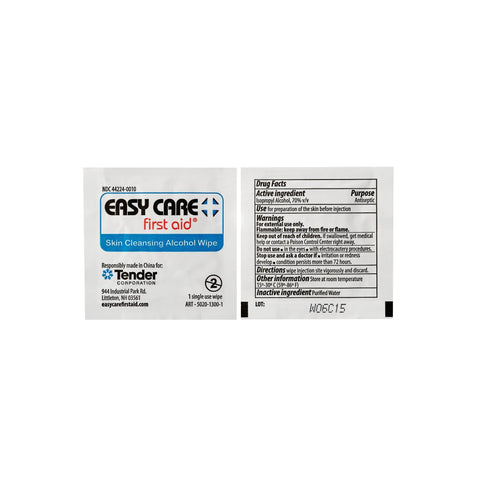 Easy Care first aid skin cleansing alcohol wipe sachet, white with blue label.