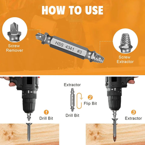 Diagram showing the use of Six Piece Damaged Screw Extractor Set With Case, Beefy Heavy Duty Hardened Steel HSS 4341 for DIY repairs.