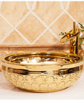 Top Shelf Gold Ceramic Round Vessel Sink For Bathroom Countertop Vanity Setup No Fuss Easy Clean Stain Resistant Finish Perfect For Hotels And Home Bathrooms Sleek 41 Cm Design with floral design, showcased on a countertop.