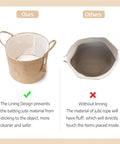 Comparison of a lined woven rope storage basket with handles and an unlined version, emphasizing lining benefits and cleanliness.