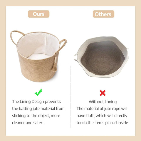 Comparison of a lined woven rope storage basket with handles and an unlined version, emphasizing lining benefits and cleanliness.