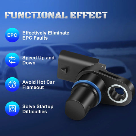 Audi Camshaft Position Sensor For A3 A4 A5 A6 A7 Q5 Q7 And VW Beetle Golf Jetta Passat Tiguan Eos CC Leon R8 RS4 RS5 Replaces 07L905163A 07L905163C 907-867 on blue background