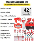 Lockout Tagout Kit 42 Piece Safety Set with padlocks, hasps, tags, ties, and case for electrical lockouts in worksite environments.