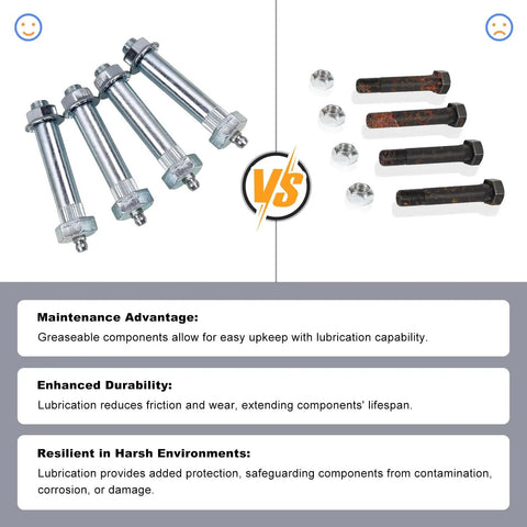 Heavy Duty 9/16 X 3 Inch Greaseable Trailer Axle Spring Bolts And Shackle Bolt Kit, contrasting shiny new bolts with rusty old counterparts.